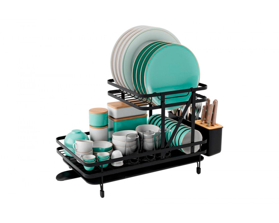 FaFurn - 2-Tier Foldable Dish Rack with Removable Drip Tray in Black, Metal