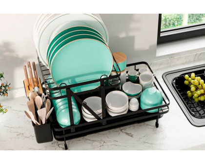 FaFurn - 2-Tier Foldable Dish Rack with Removable Drip Tray in Black, Metal