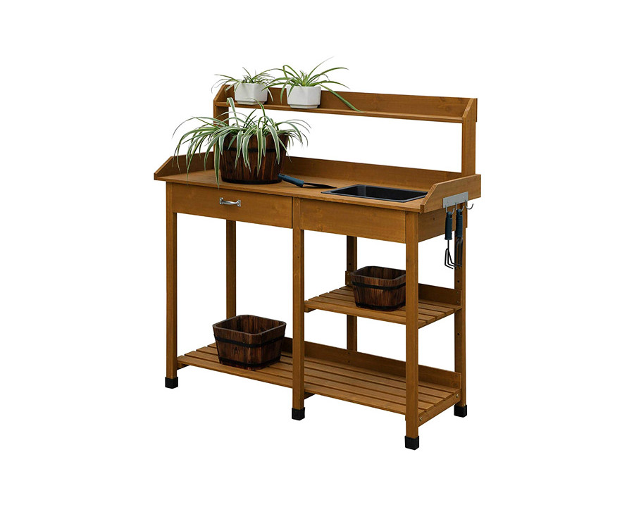 FaFurn - Modern Garden Potting Bench Table with Sink Storage Shelves & Drawer