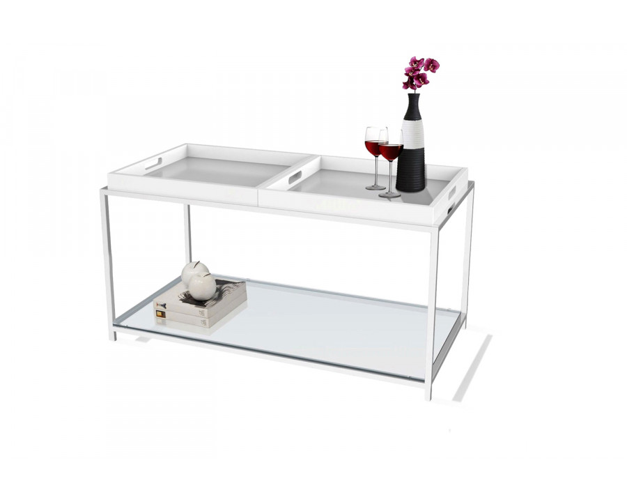 FaFurn Modern Chrome Metal Coffee Table with 2 White Removable Trays