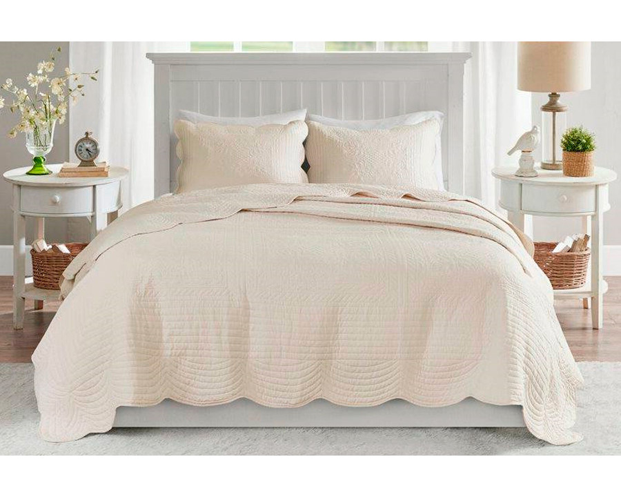 FaFurn King Size 3-Piece Reversible Scalloped Edges Quilt Set - Cream, Microfiber