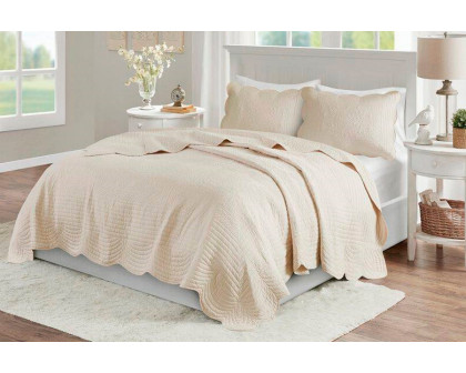 FaFurn King Size 3-Piece Reversible Scalloped Edges Quilt Set - Cream, Microfiber