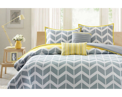 FaFurn - Full/Queen 5-Piece Chevron Stripes Comforter Set in Gray White Yellow