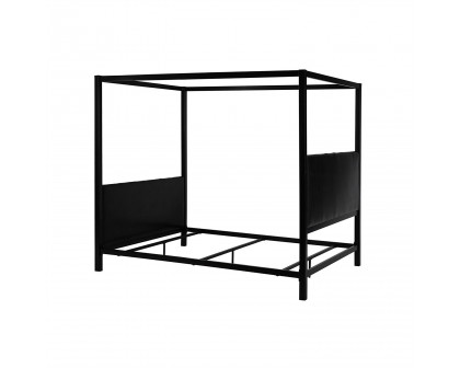 FaFurn - Queen Size Canopy Bed Frame with Headboard and Footboard in Black, Leather