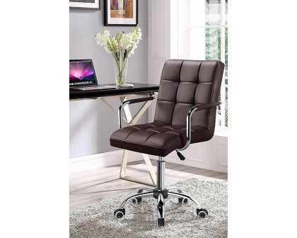 FaFurn Modern Faux Leather Mid-Back Office Chair with Armrests and Wheels - Dark Brown/Chrome