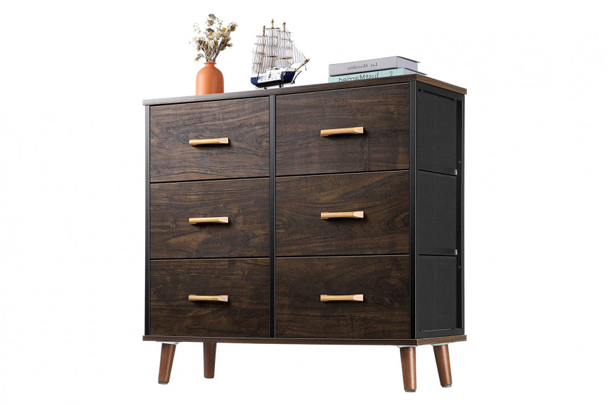 FaFurn™ - Modern Mid-Century Style 6-Drawer Bedroom Dresser with Fabric Drawers in Walnut