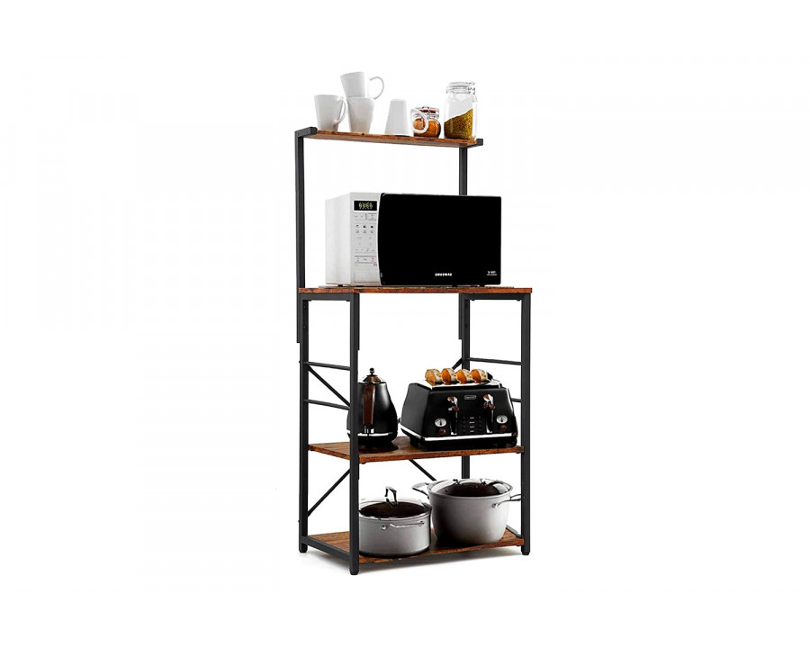 FaFurn - Black Metal 4-Shelf Rustic Brown Wood Kitchen Baker'S Rack Microwave Stand