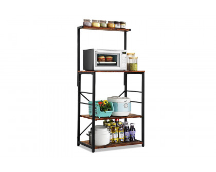 FaFurn - Black Metal 4-Shelf Rustic Brown Wood Kitchen Baker'S Rack Microwave Stand