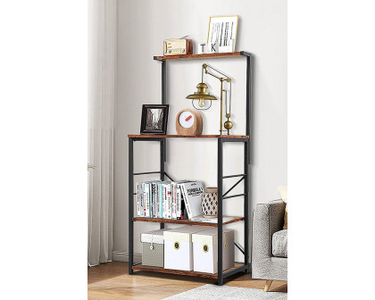 FaFurn - Black Metal 4-Shelf Rustic Brown Wood Kitchen Baker'S Rack Microwave Stand