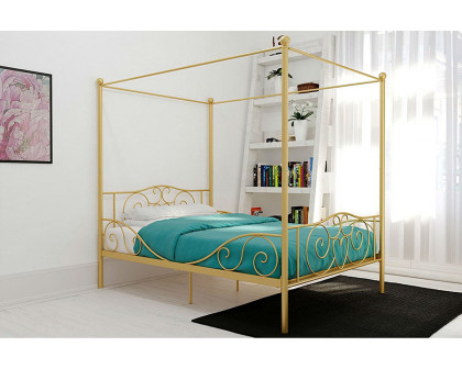 FaFurn - Full Size Heavy Duty Metal Canopy Bed Frame in Gold Finish