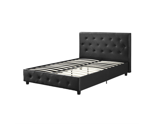 FaFurn - Queen Size Platform Bed Frame with Button Tufted Headboard in Black, Leather