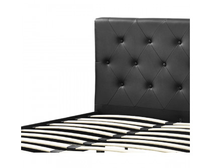 FaFurn - Queen Size Platform Bed Frame with Button Tufted Headboard in Black, Leather