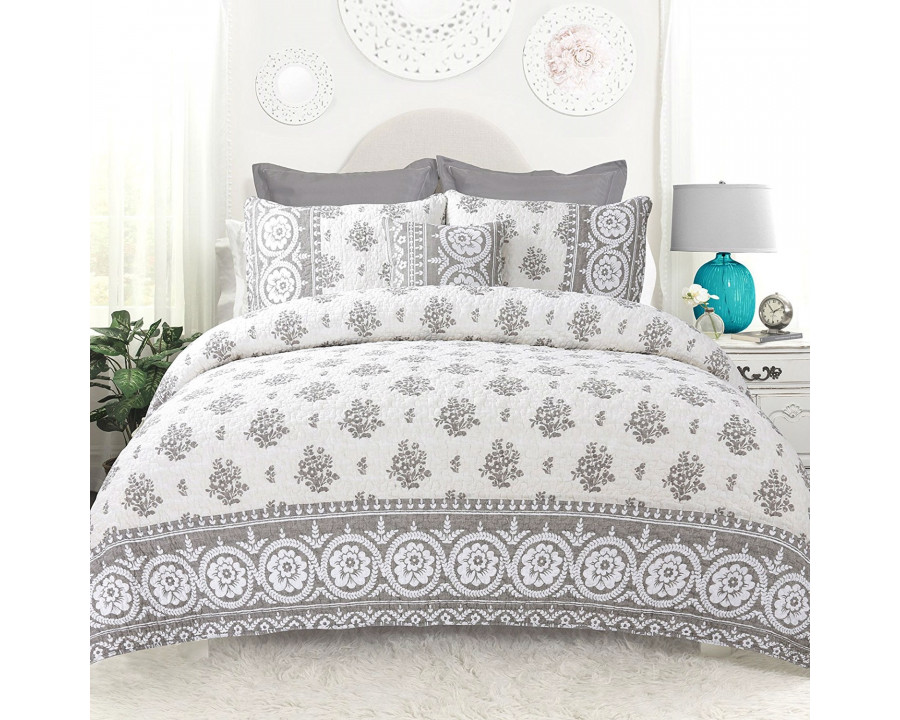 FaFurn - 4-Piece Full/Queen Size Reversible Quilt Set with Decorative Pillow and 2 Shams in Gray/White, Cotton