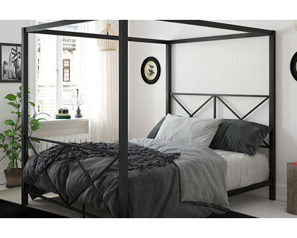 FaFurn - Queen Size Modern Black Metal Four-Poster Canopy Bed Frame