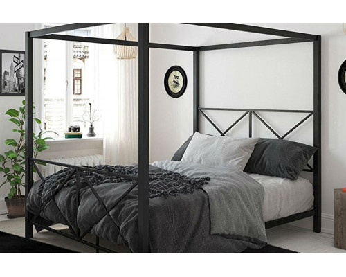 FaFurn - Queen Size Modern Black Metal Four-Poster Canopy Bed Frame