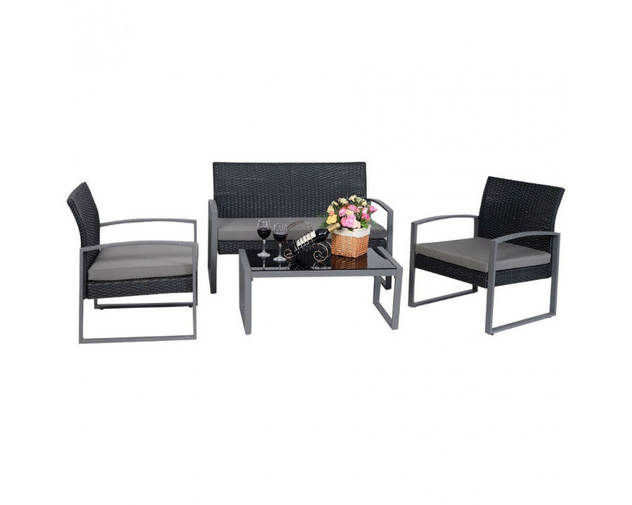 FaFurn - 4-Piece Patio Set with Matching Table in Black/Gray, Rattan