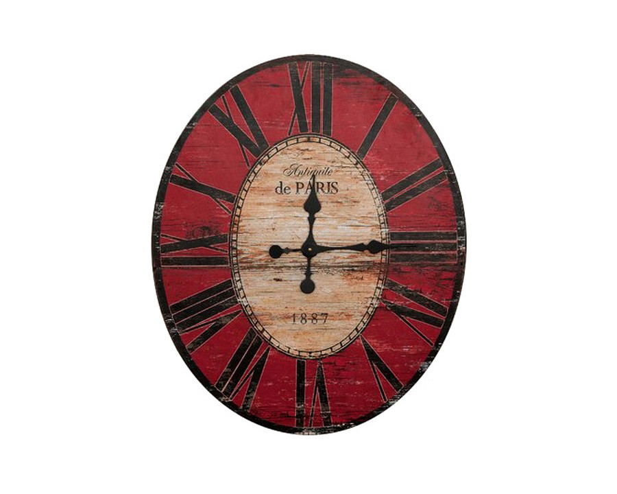 FaFurn Oversized Distressed Paris Wood Wall Clock - Red