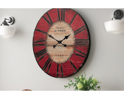 FaFurn Oversized Distressed Paris Wood Wall Clock - Red