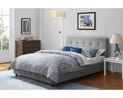 FaFurn - Queen Size Gray Linen Upholstered Platform Bed with Button-Tufted Headboard