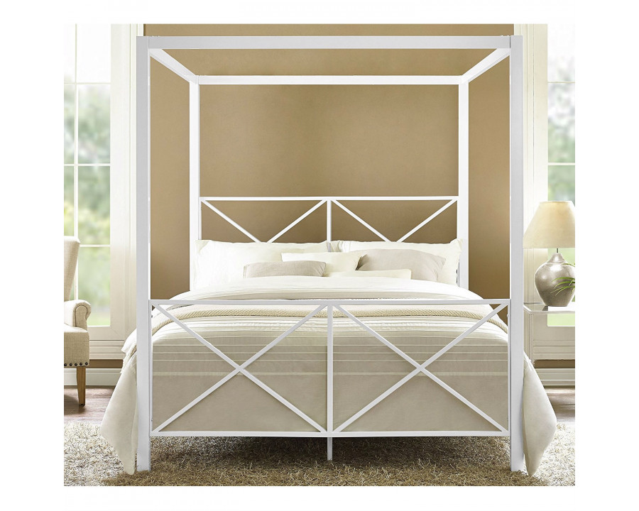 FaFurn Modern Industrial Queen Size Canopy Bed Frame - White, Metal