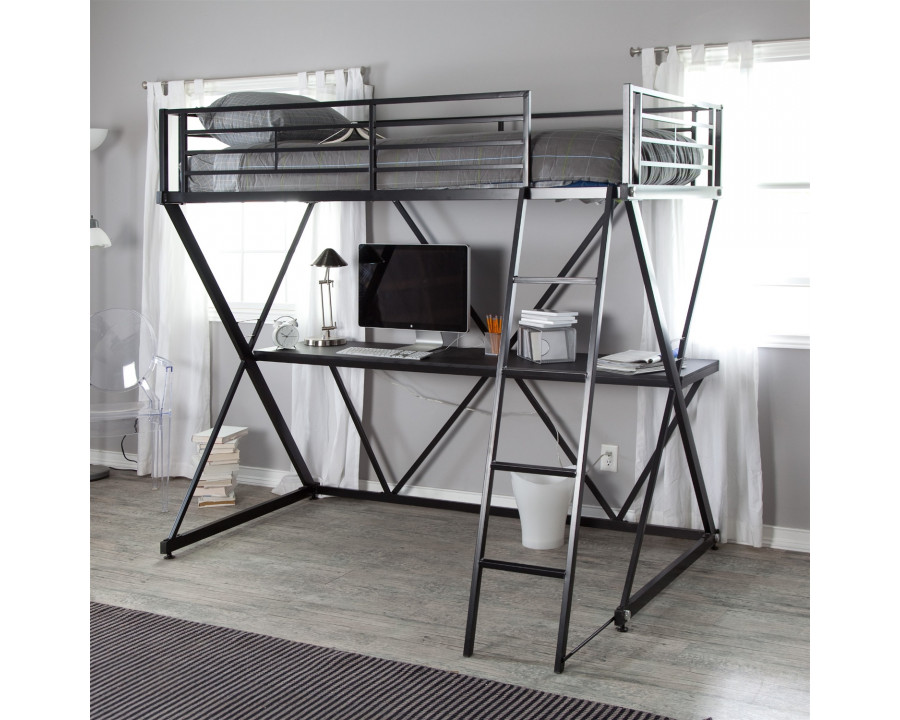 FaFurn Modern Twin Size Bunk Bed with Desk and Ladder - Black, Metal