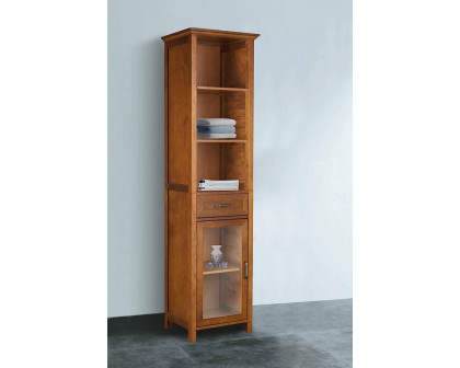 FaFurn - Oak Finish Bathroom Linen Tower Storage Cabinet with Shelves