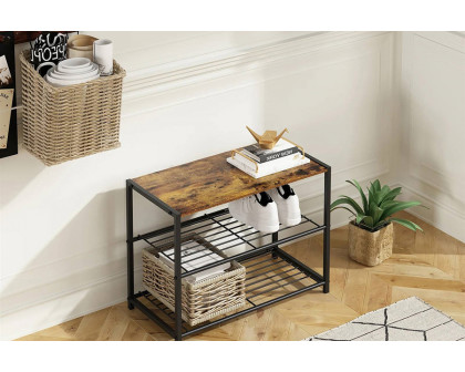 FaFurn - 2-Shelf Entryway Shoe Rack Bench with Black Metal Frame and Brown Wood Top