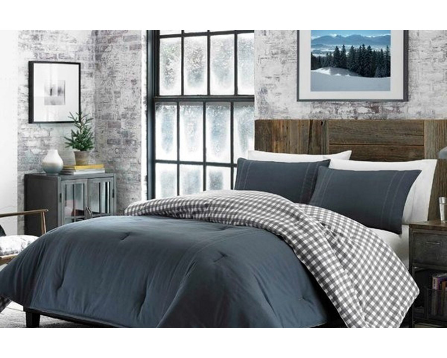 FaFurn - King Size 100% Cotton Reverse Plaid Gray/White Comforter Set