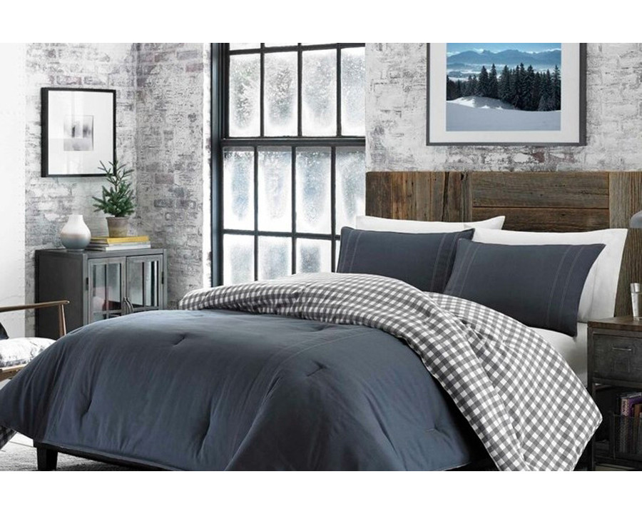 FaFurn - Full/Queen Size 100% Cotton Reverse Plaid Gray/White Comforter Set