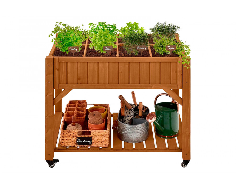 FaFurn - Outdoor Raised Garden Bed Planter Box with Locking Wheels in Brown, Wood