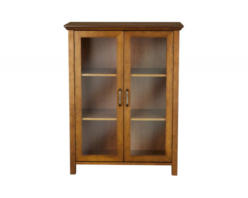 FaFurn - Oak Finish Bathroom Floor Cabinet with 2 Glass Doors & Storage Shelves