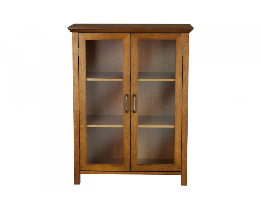 FaFurn Oak Finish Bathroom Floor Cabinet with 2 Glass Doors & Storage Shelves