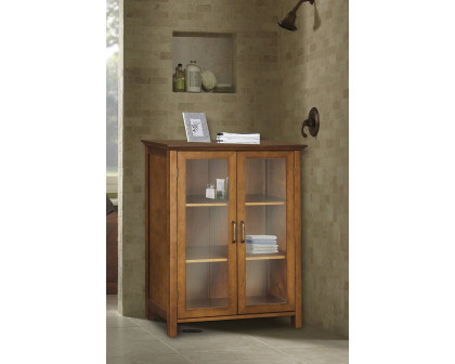 FaFurn Oak Finish Bathroom Floor Cabinet with 2 Glass Doors & Storage Shelves