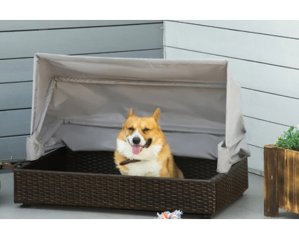 FaFurn - Espresso Wicker Foldable Canopy Raised Dog Bed House with 2 in Thick Cushion