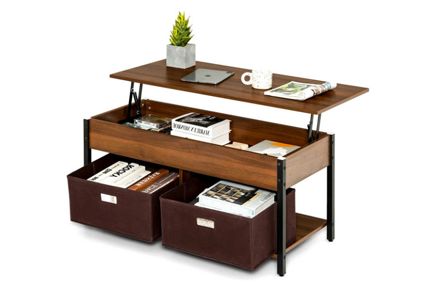 FaFurn™ Farmhouse Lift-Top Multi Purpose Coffee Table with 2 Storage Drawers Bins - Brown