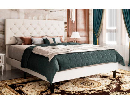 FaFurn Full Size Platform Bed with Button-Tufted Headboard - White, Faux Leather