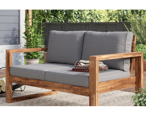 FaFurn - Farmhouse Modern Outdoor Acacia Loveseat with Gray Cushion