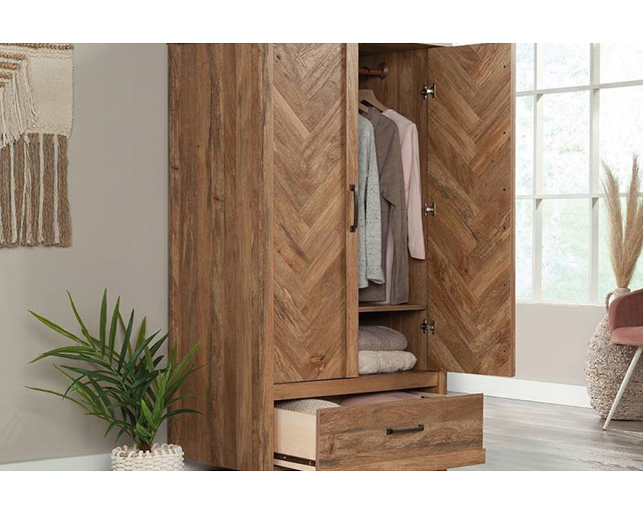 FaFurn - Farmhouse Rustic Herringbone 1 Drawer Garment Rod Wardrobe Armoire