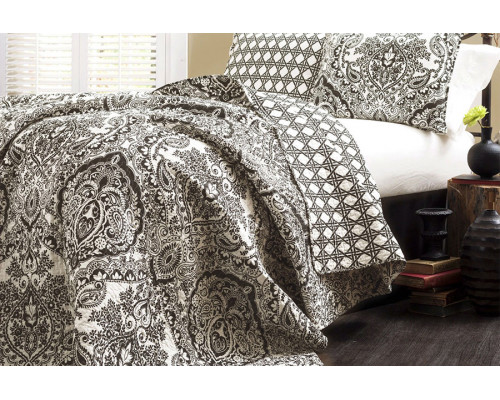 FaFurn 3-Piece Quilt Set 100% Cotton in Charcoal Damask - Queen Size