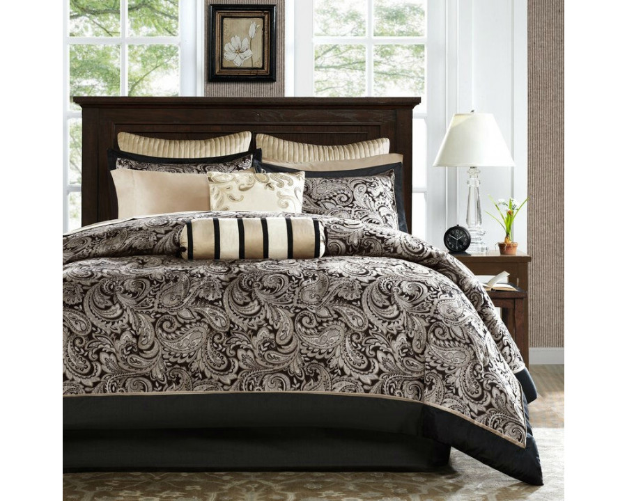 FaFurn - 12-Piece Full Size Comforter Set in Black/Gold