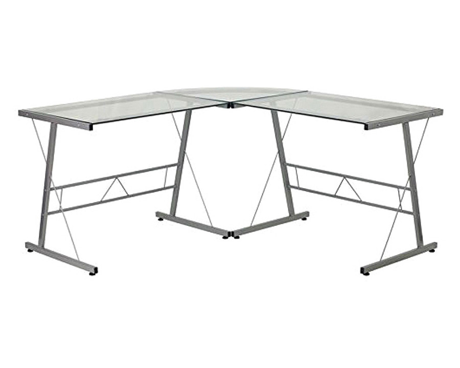 FaFurn - Modern Silver Metal L-Shaped Desk with Glass Top and Floor Glides