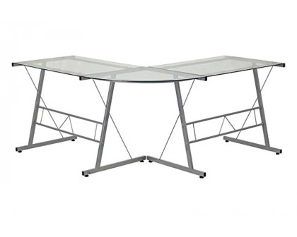 FaFurn - Modern Silver Metal L-Shaped Desk with Glass Top and Floor Glides