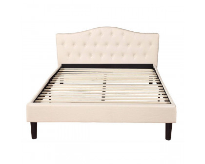 FaFurn - Full Size Platform Bed Frame with Ivory Linen Padded Headboard