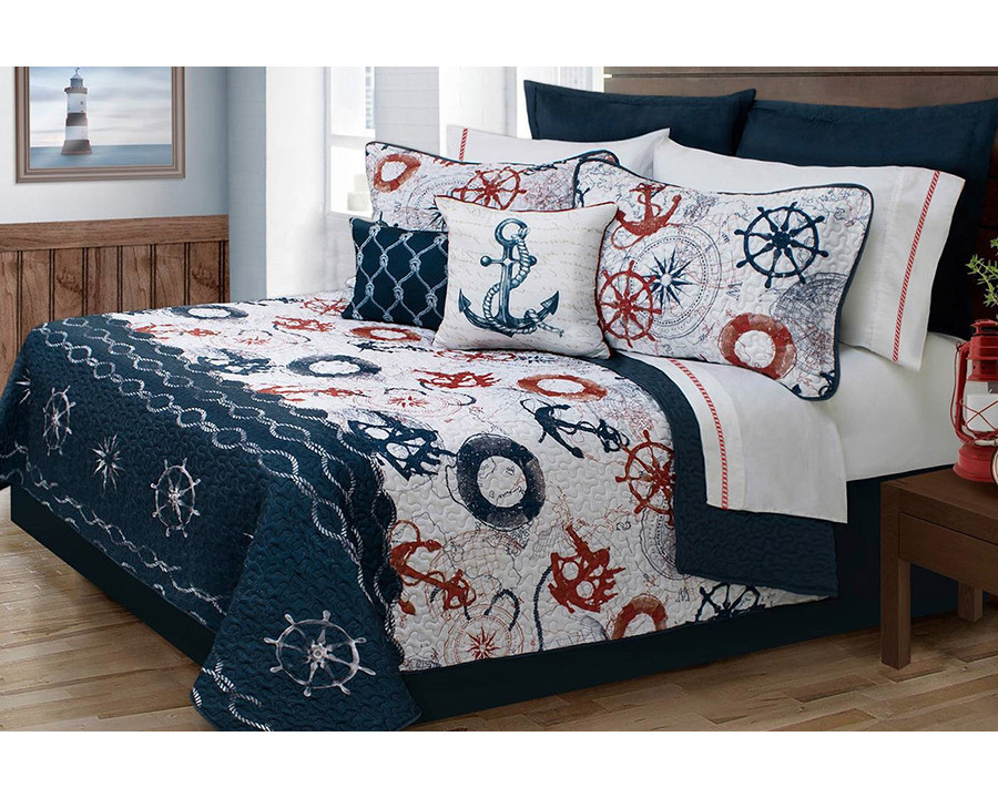 FaFurn Modern Coastal Anchor Polyester Reversible Quilt Set - Full/Queen Size