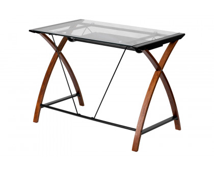 FaFurn - Modern Cherry Finish Glass Top Writing Table Computer Desk with Keyboard Tray