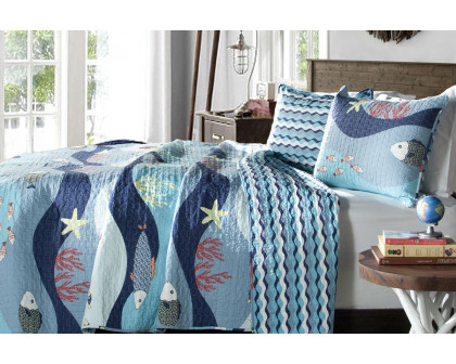 FaFurn - Blue Serenity Sea Fish Coral Coverlet Quilt Bedspread Set