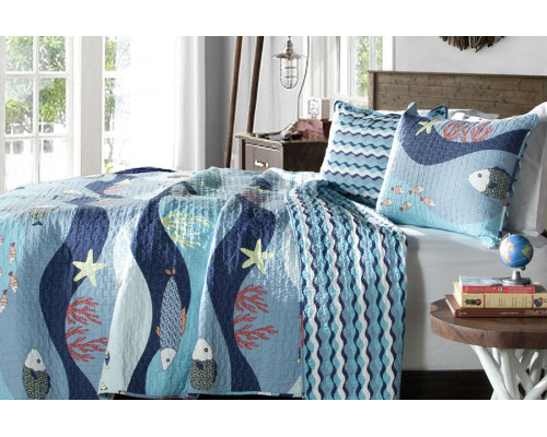 FaFurn Blue Serenity Sea Fish Coral Coverlet Quilt Bedspread Set - Full/Queen Size