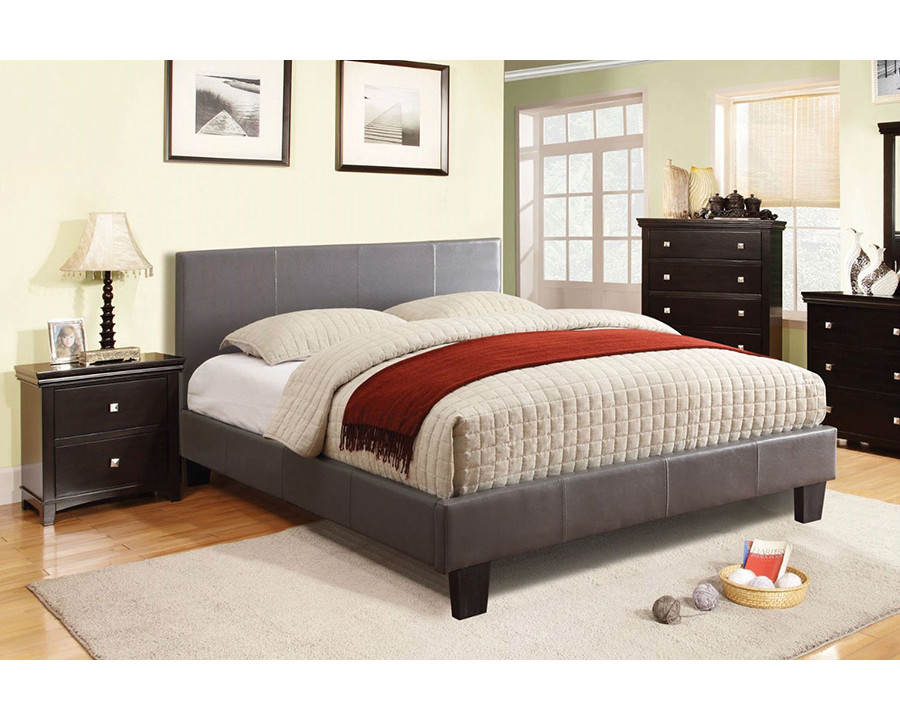 FaFurn - Full Size Platform Bed with Headboard Upholstered in Gray Faux Leather