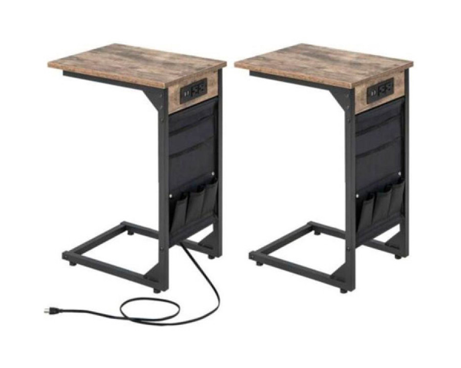 FaFurn - Set of 2 TV Tray End Tables with Storage Bag and Charging Station in Brown, Metal/Wood