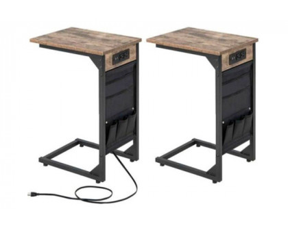 FaFurn™ Set of 2 TV Tray End Tables with Storage Bag and Charging Station - Brown, Metal/Wood